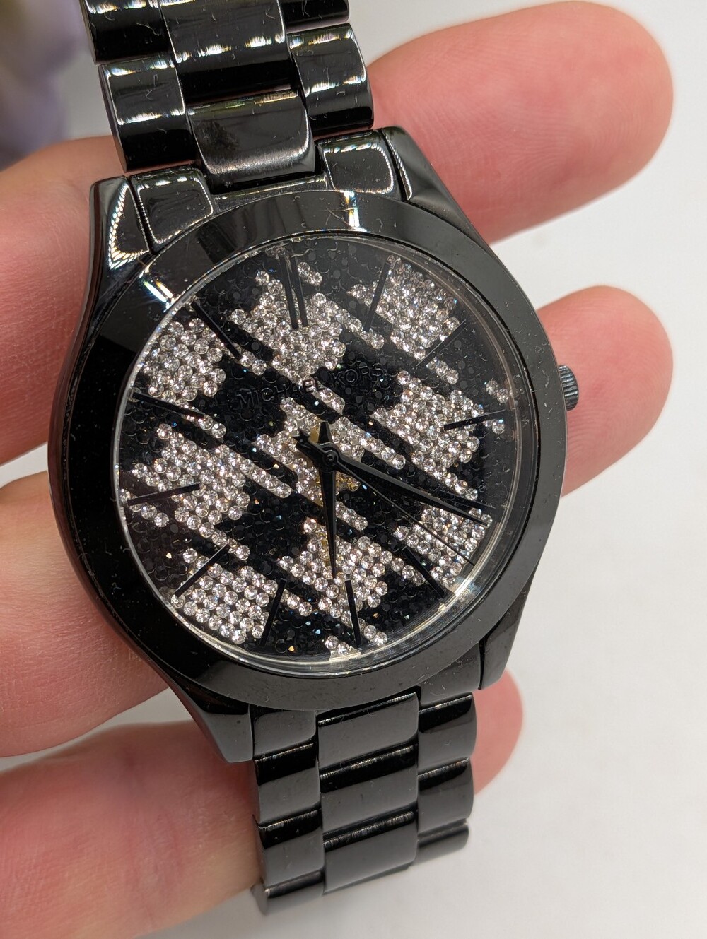 Michael Kors Slim Runway Black Crystal Zebra Houndstooth Dial Watch MK-3326 - Picture 1 of 5